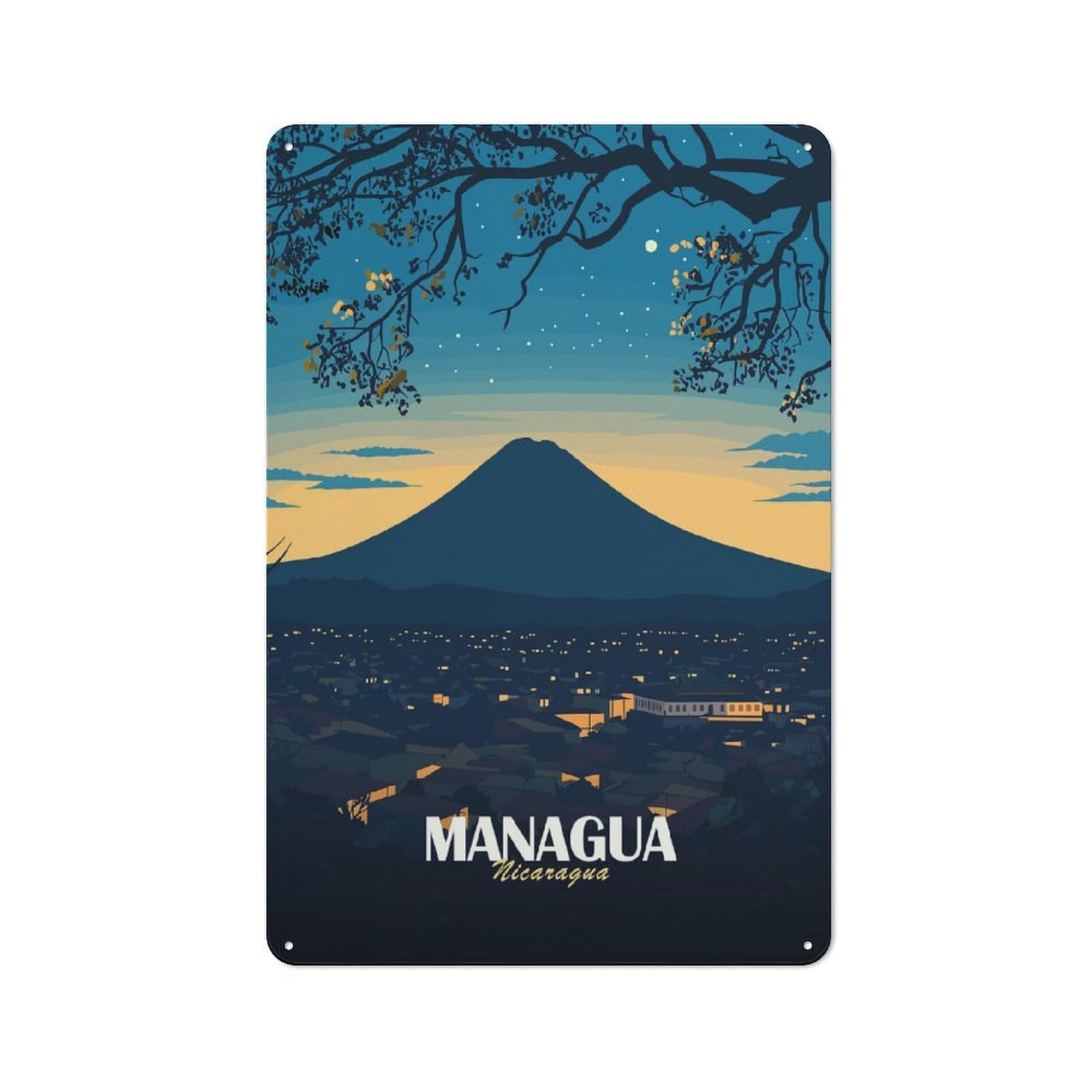 Junmoney Style-17 Metal Wall Sign 30X20cm Featuring Managua Nicaragua Cityscape At Night For Café Or Home Bar, For Collectors Decorating Cafés And Home Bars