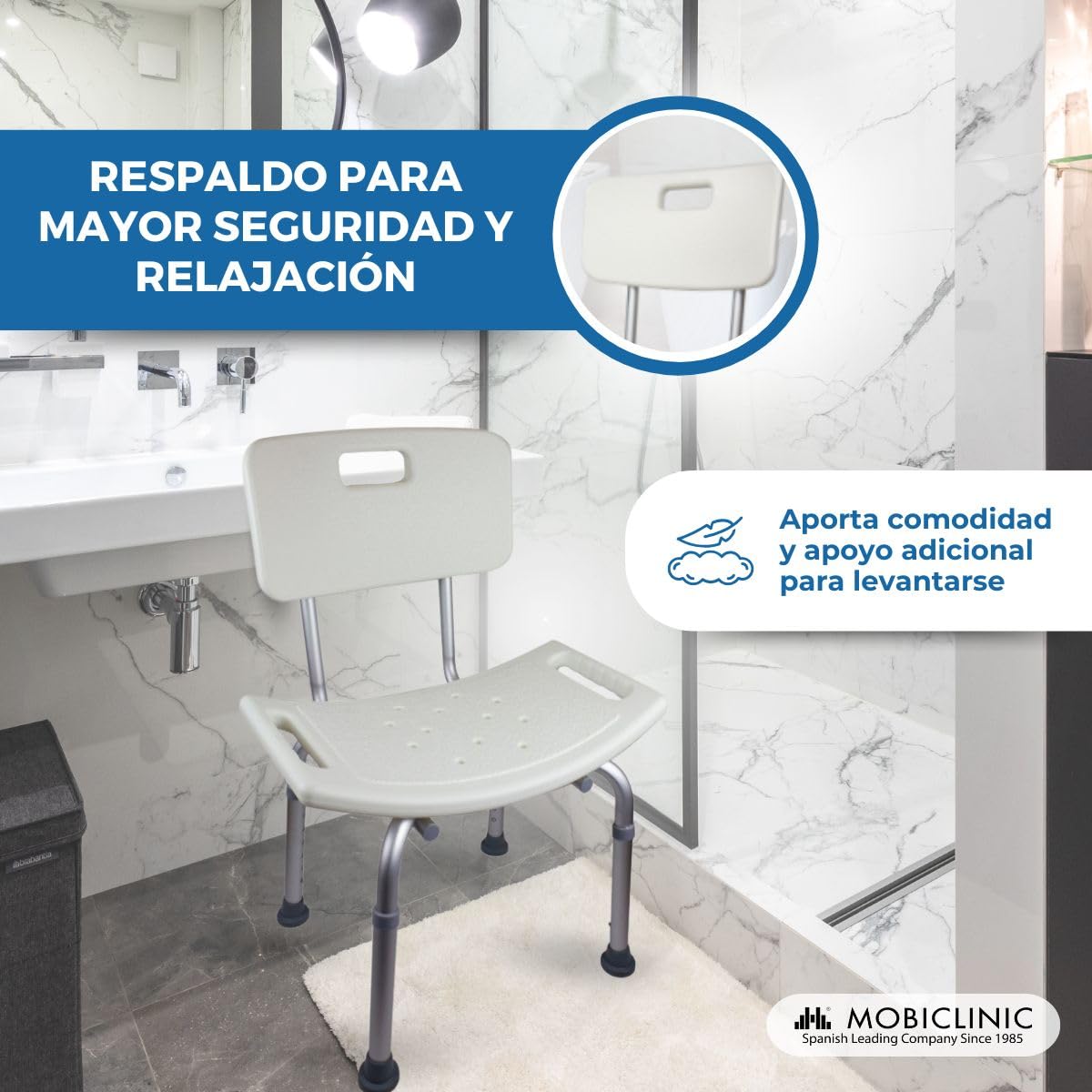 Mobiclinic®, Silla de Ducha con Respaldo, Regulable en Altura, Conteras Antideslizantes, para Personas Mayores, Asiento en U, Agarre Lateral, hasta 100 kg, Agujeros de Drenaje, Aluminio, Olivo