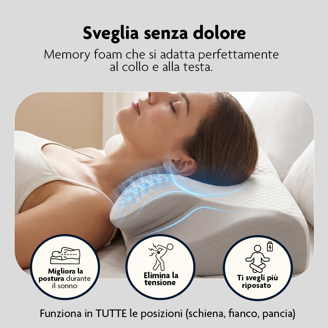 Cuscino Cervicale per Dormire a Farfalla in Memory Foam, Supporto Ortopedico Ergonomico Laterale, Supino e Proni, Federa Sfoderabile e Lavabile, Certificato OEKO-TEX Standard 100, 62x38x13 cm