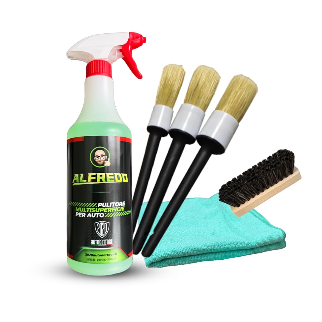 Alfredo Kit Pulizia per Interni Auto | Flacone da 750ml con Kit pennelli, Spazzola Morbida e 1 Panno Microfibra | Pulitore Tessuti, plastiche, Pelle, Volante, Cielo Interno, Cerchioni, cruscotto