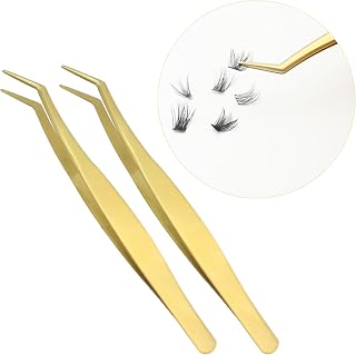 Lash Tweezers, DIY Lash Extension Tweezers Set 2pcs Curved Eyelash Tweezers for Cluster Lashes Application and Removal Long Handy Stainless Steel Tweezers Easy to Use Gold(2pcs Set)