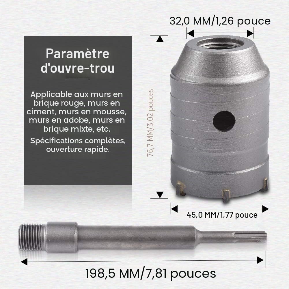 KATUR 45mm Scie Cloche à Béton Poignée Ronde SDS Plus Shank, Foret de mur de pierre de ciment de coupeur de trou de mur pour le climatiseur concret de brique