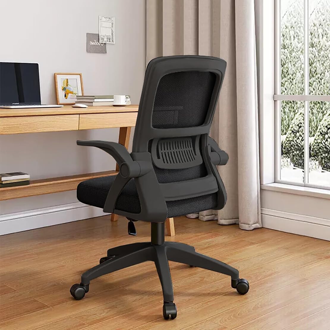 Bürostuhl,Ergonomischer Drehstuhl mit Atmungsaktiver Mesh-Rückenlehne,Hochklappbaren Armlehnen und Lendenwirbelstütze für Computer - Homeoffice(Schwarz)