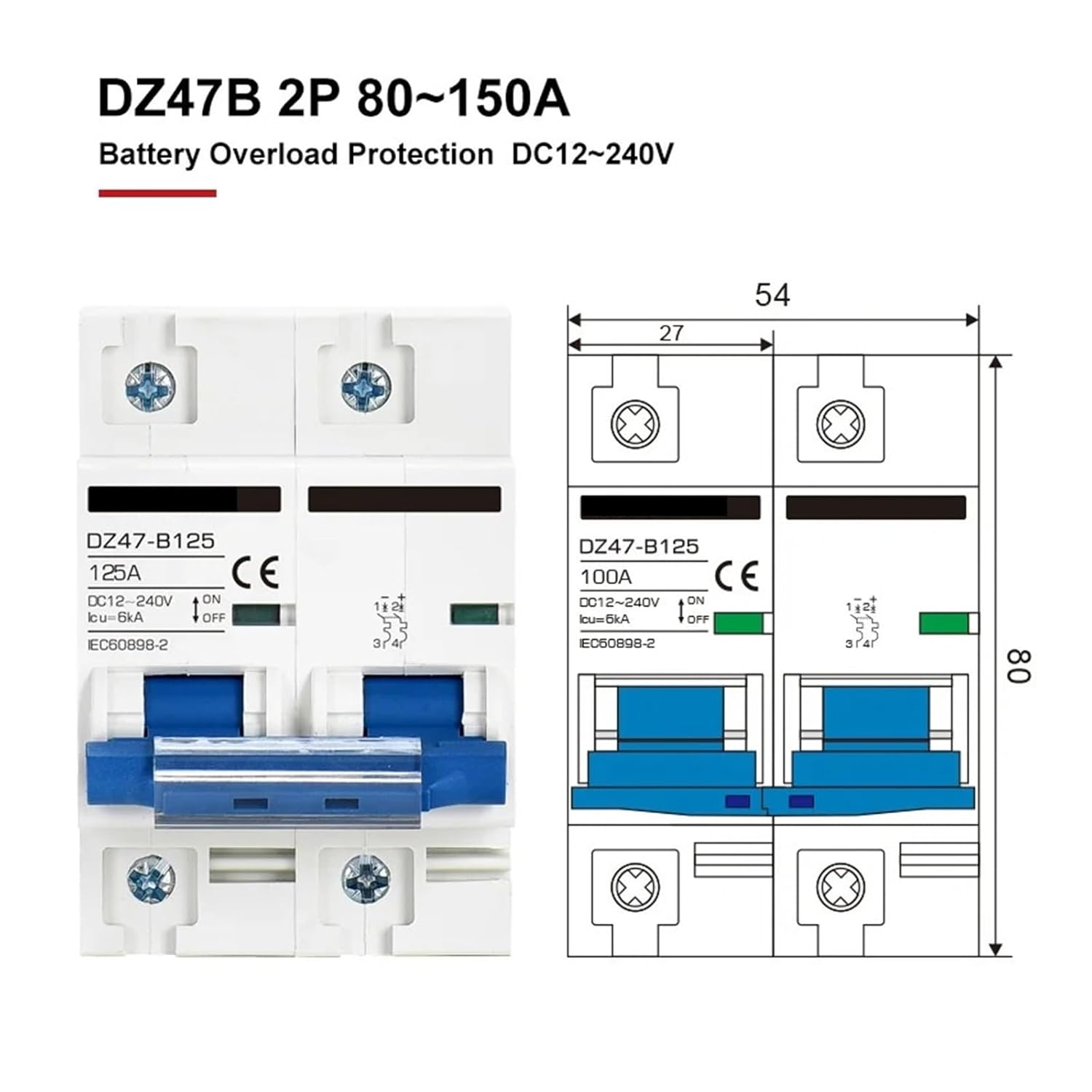 DZ47B Circuit Breaker DC 12V 24V 36V 48V DC MCB Battery Car Protector 6A-150A Air Switch Din Rail Mount(1 Pole,10A)