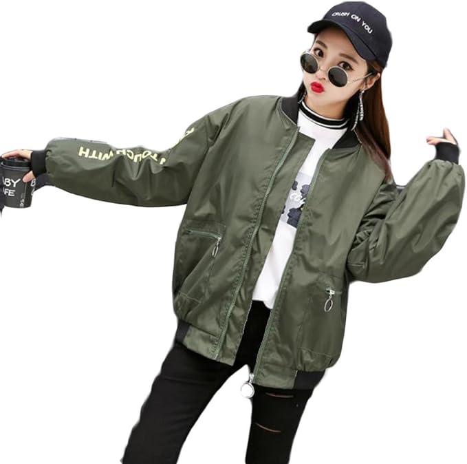 Amazon Pradrd レディース 春 アウター 薄手 ゆったり ジャケット ジップアップ ブルゾン カジュアル スタジャン 韓国ファッション ジャンパー Ma 1ジャケット L モスグリーン コート ジャケット 通販
