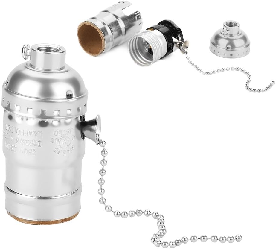 Haofy Lamp Socket, Vintage E27 Light Socket with Pull Chain, 1 Piece of Aluminum Medium Screw Base Socket for Floor Light and Table Lamp DIY Lighting(Silver)