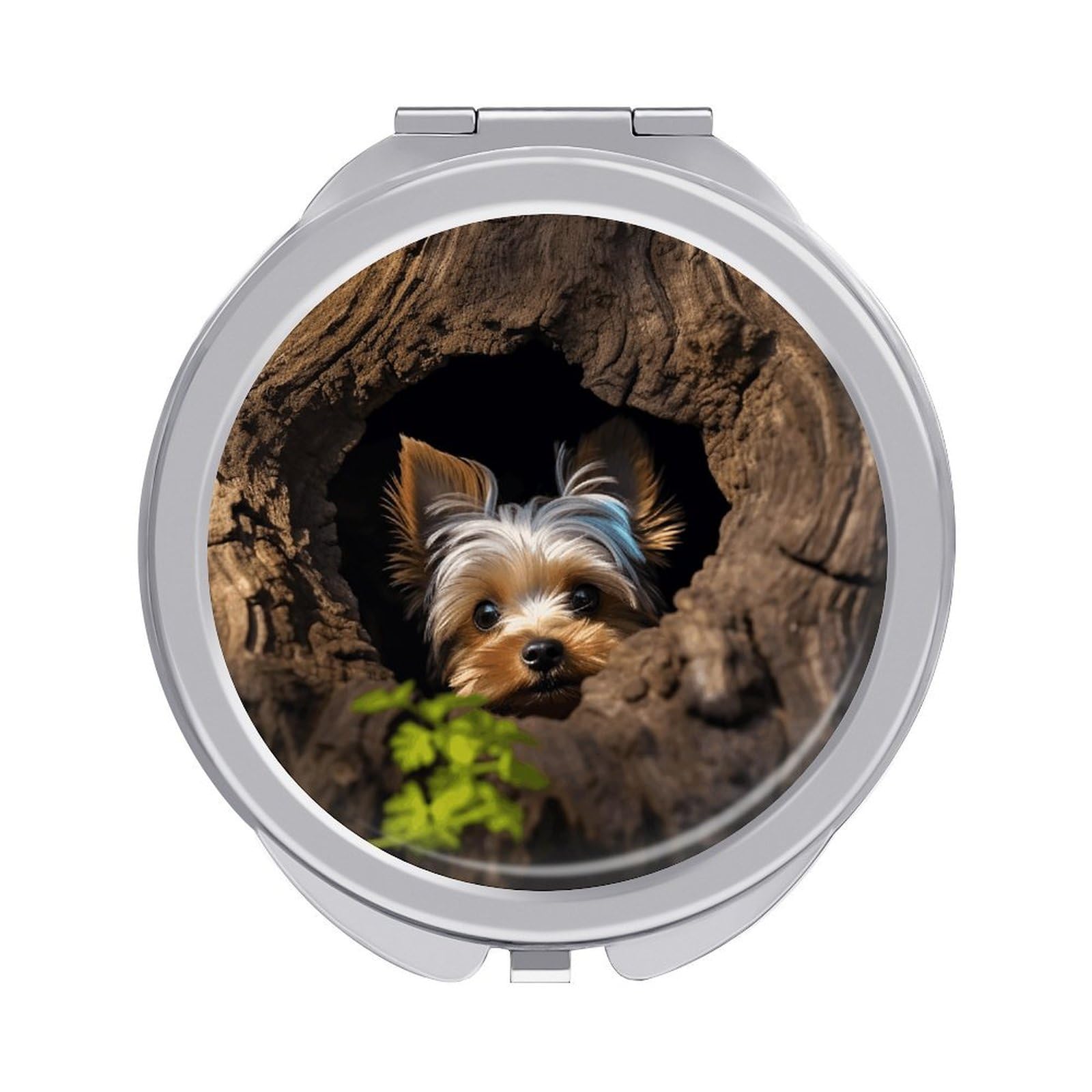 A Little Yorkshire Terrier Nestled in A Tree Hole Travel Makeup Mirror 2 X /1 X Magnifying Mini Vintage Pocket Mirror for Purse Small Portable Folding Small Round Mirrors Portable Vanity Mirrors for W