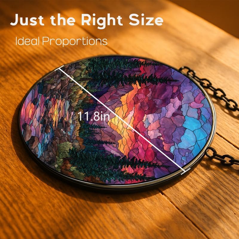 Stained Glass Window Hanging， Mountain Sunset Landscape 11.8in Sun Catchers Indoor Window， Core Decor Inside and Outside The Cottage， Nature Art Glass Decoration Gifts for Women