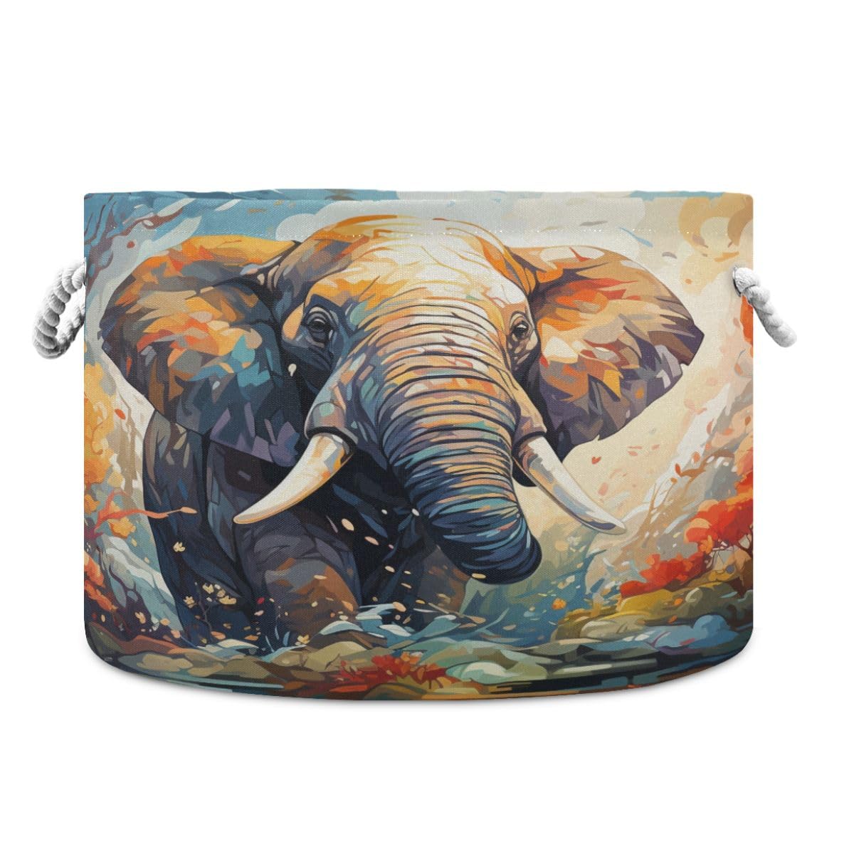 Round Storage Basket Watercolor Colorful Elephant in The Forest Open Home Storage Bin 20 * 13.9in