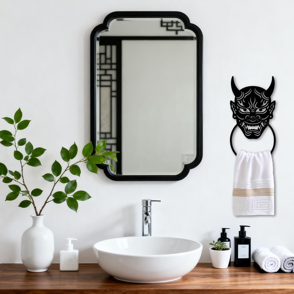 MAYJOYDIY Japanese Hannya Metal Towel Ring Fierce Facial with Horn Design Towel Holder Ring Hanger Wall Mount Black Vintage Towels Wall Organizer for Kitchen Bath Home Room Decors Gifts image 5