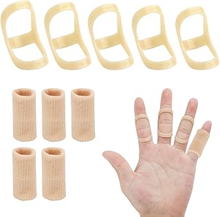 10pcs Oval Finger Splint, 5 Sizes Finger Splint Ring Oval Finger Splint Support 5 Oval Finger Splints & 5 Finger Compression Sleeves For Thumb Middle Pinky Ring Finger Index (Complexion)