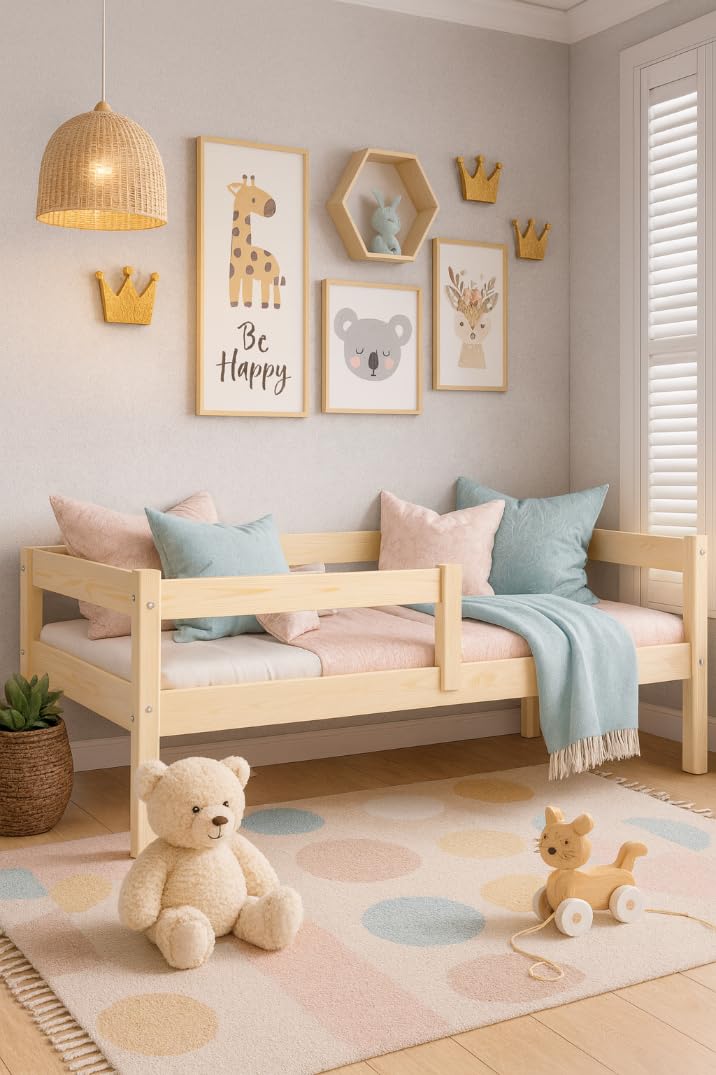 KOBI Letto per bambini 120x60 cm, con ringhiera - Letto da terra Primo in legno di pino naturale