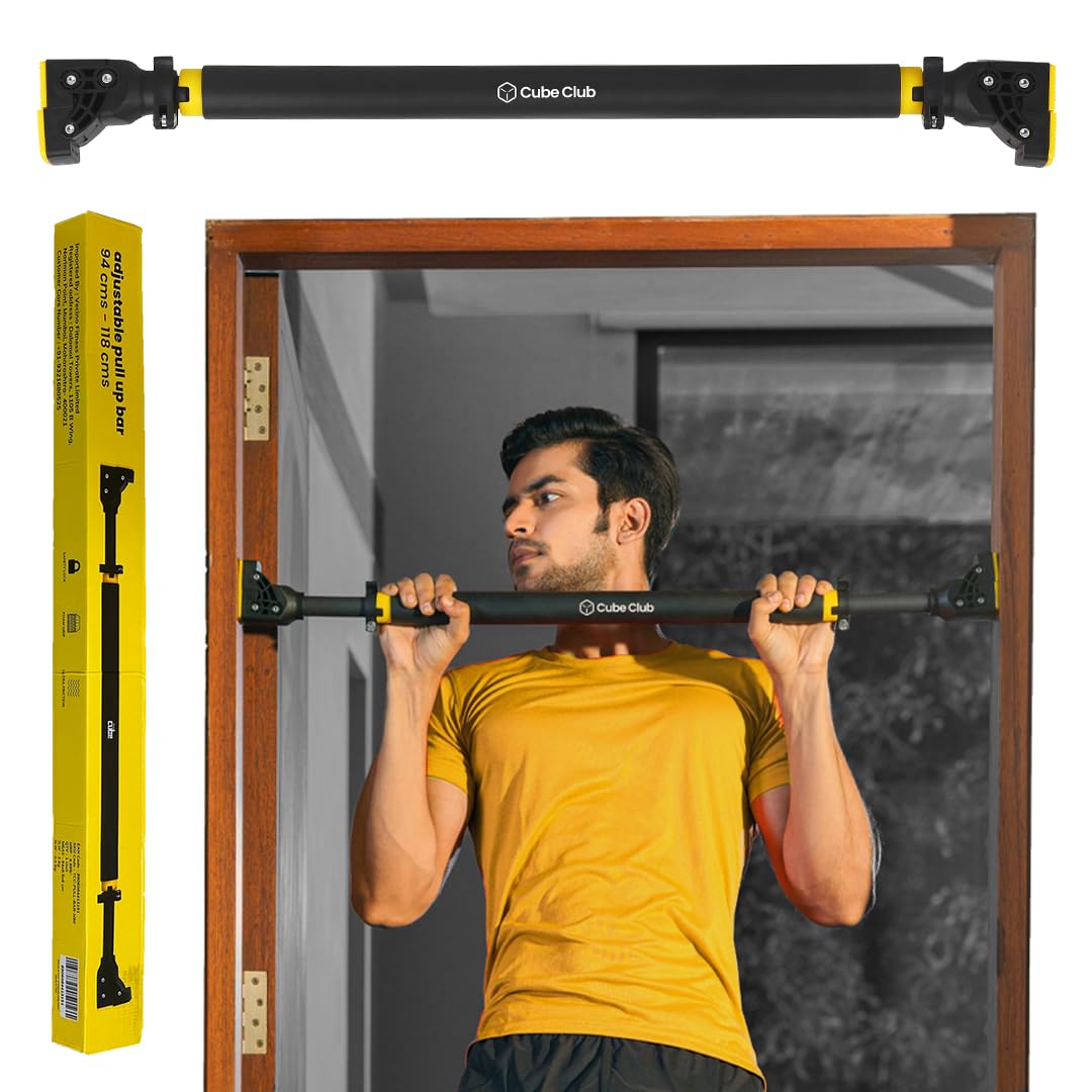 The Cube Club Pull Up Bar Adjustable Length (94Cm-115 Cm) Hanging Rod For Height Increase Without Screws Home Workout Chin Up Bar With Locking Mechanism (Max Load 200Kg,1 Year Warranrty),Black