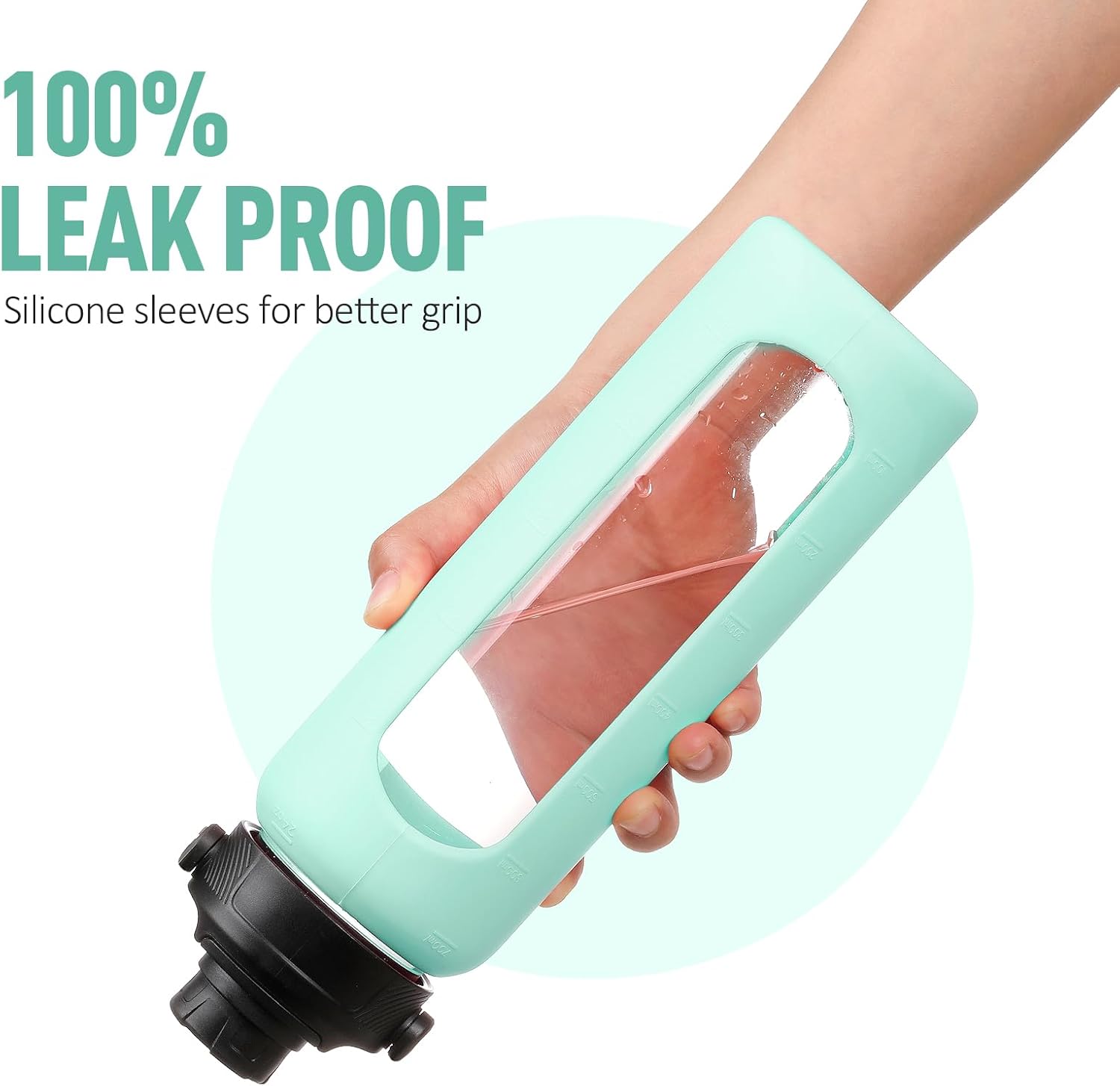 32oz Glass Water Bottle with Straw and 2 Lids- Bamboo and Spout Lid,Motivational Sports Water Bottle with Silicone Sleeve and Time Marker,Reusable for Gym, Outdoors, Mint Green