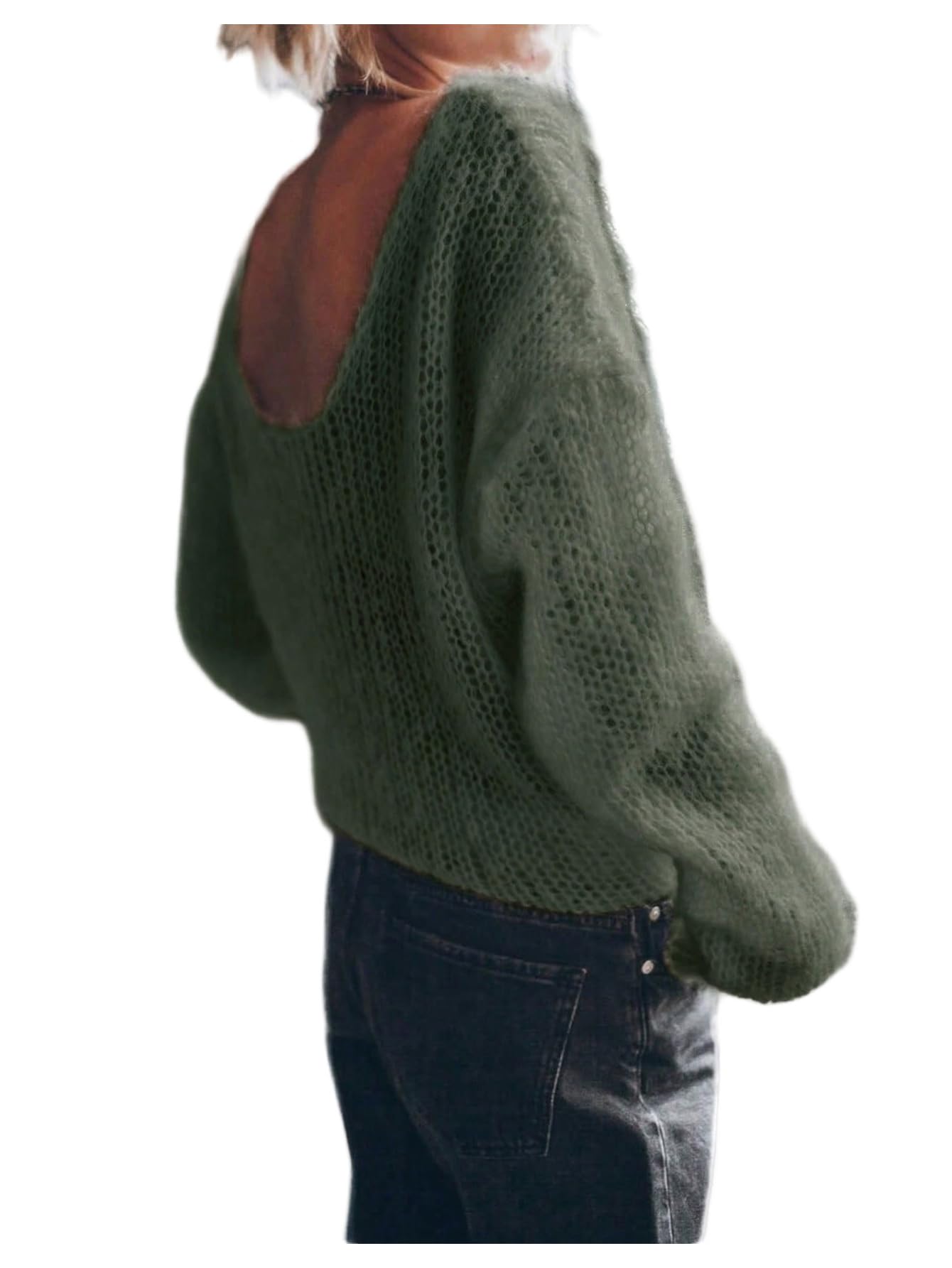Womens Sheer Crochet Sweaters See Through Long Sleeve Knit Loose Pullover Tops
