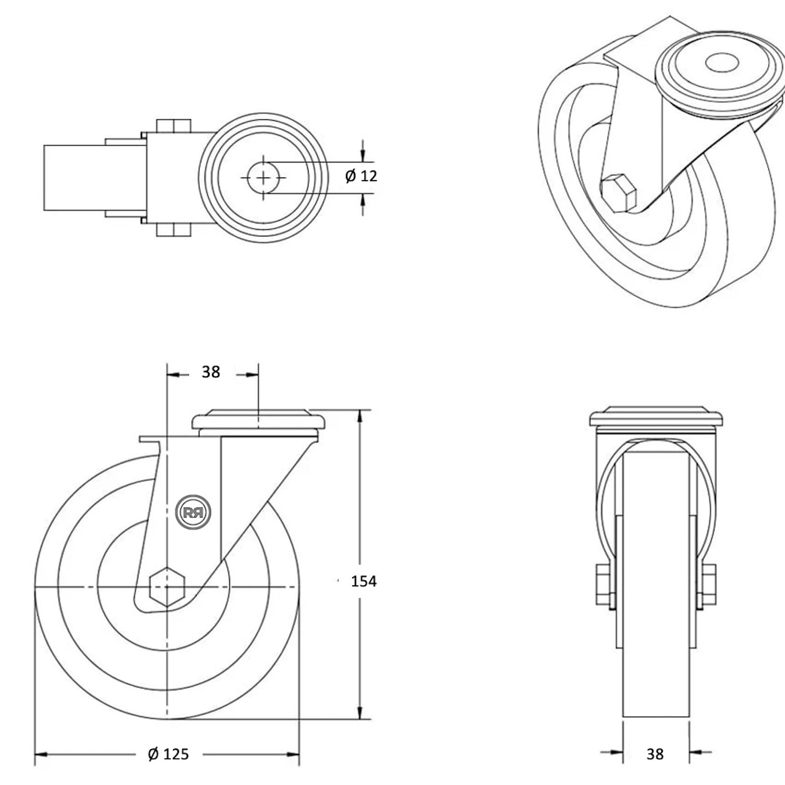 Roulette à oeil INOX pivotante diamètre 125 mm roue polyamide blanc - 200 Kg