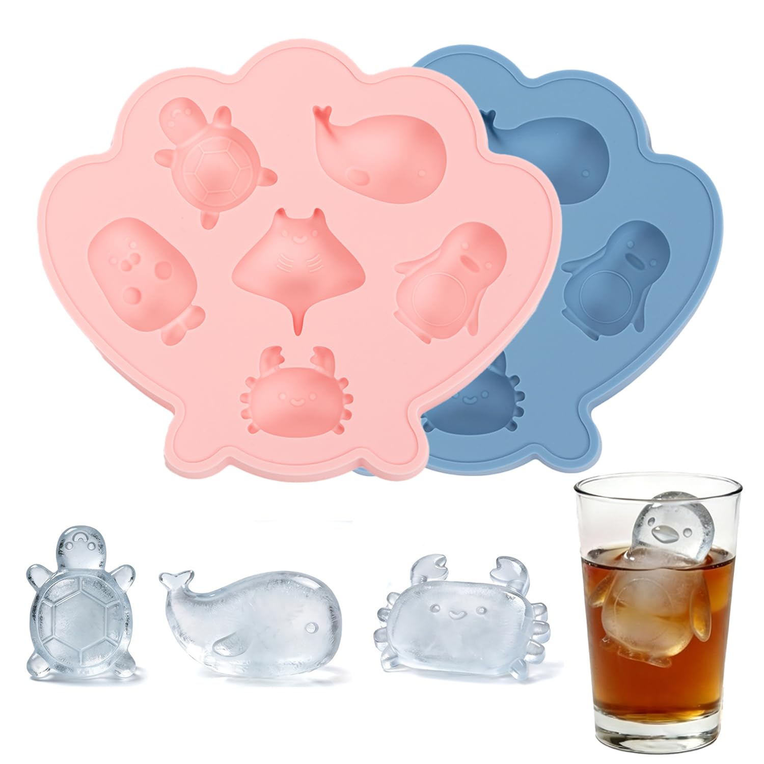 2PCS Ice Cube Tray, Silicone Ice Cube Moulds 3D Marine Organisms, Easy Release Silicone Moulds Suit for Whiskey Cocktail Drink Parties, Gift for Birthday