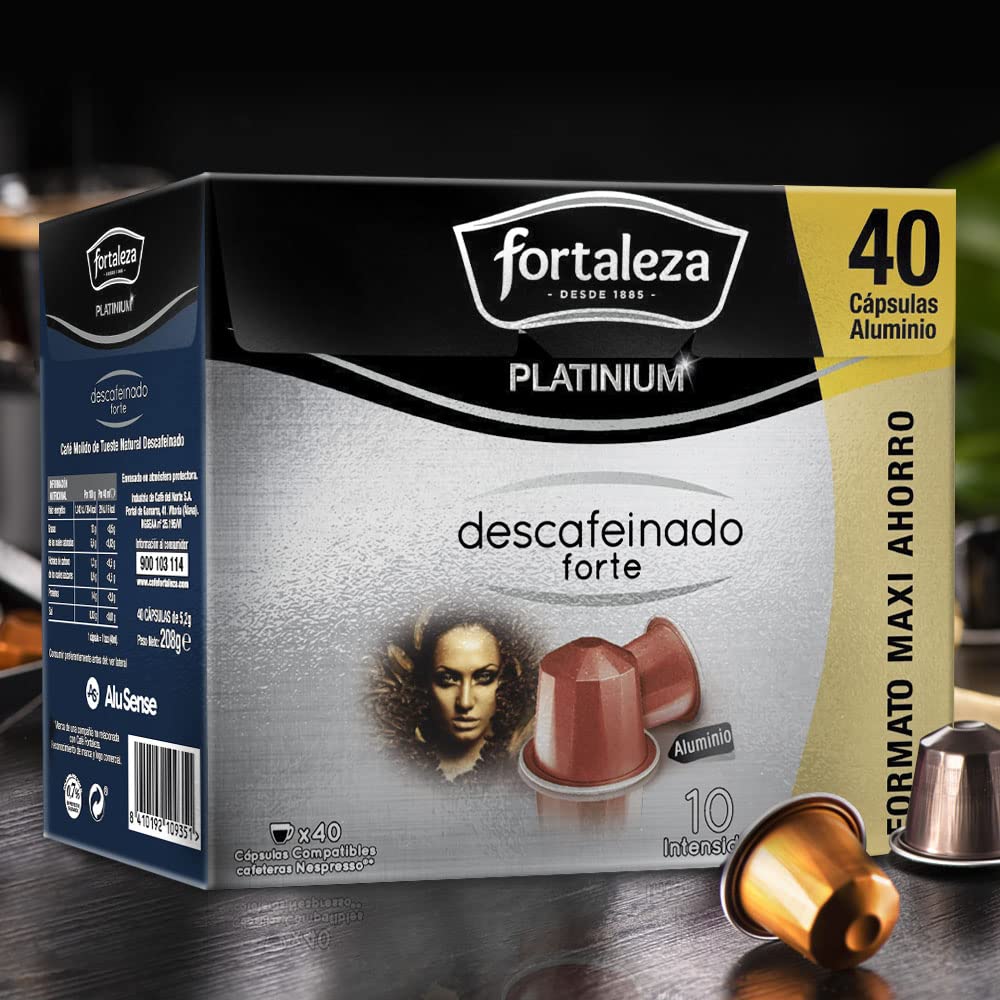 Café Fortaleza Platinium, Cápsulas Compatibles con Nespresso, de Aluminio, Descafeinado Forte, Sabor Intenso, Tueste Natural, Pack 4x40 - Total 160 uds