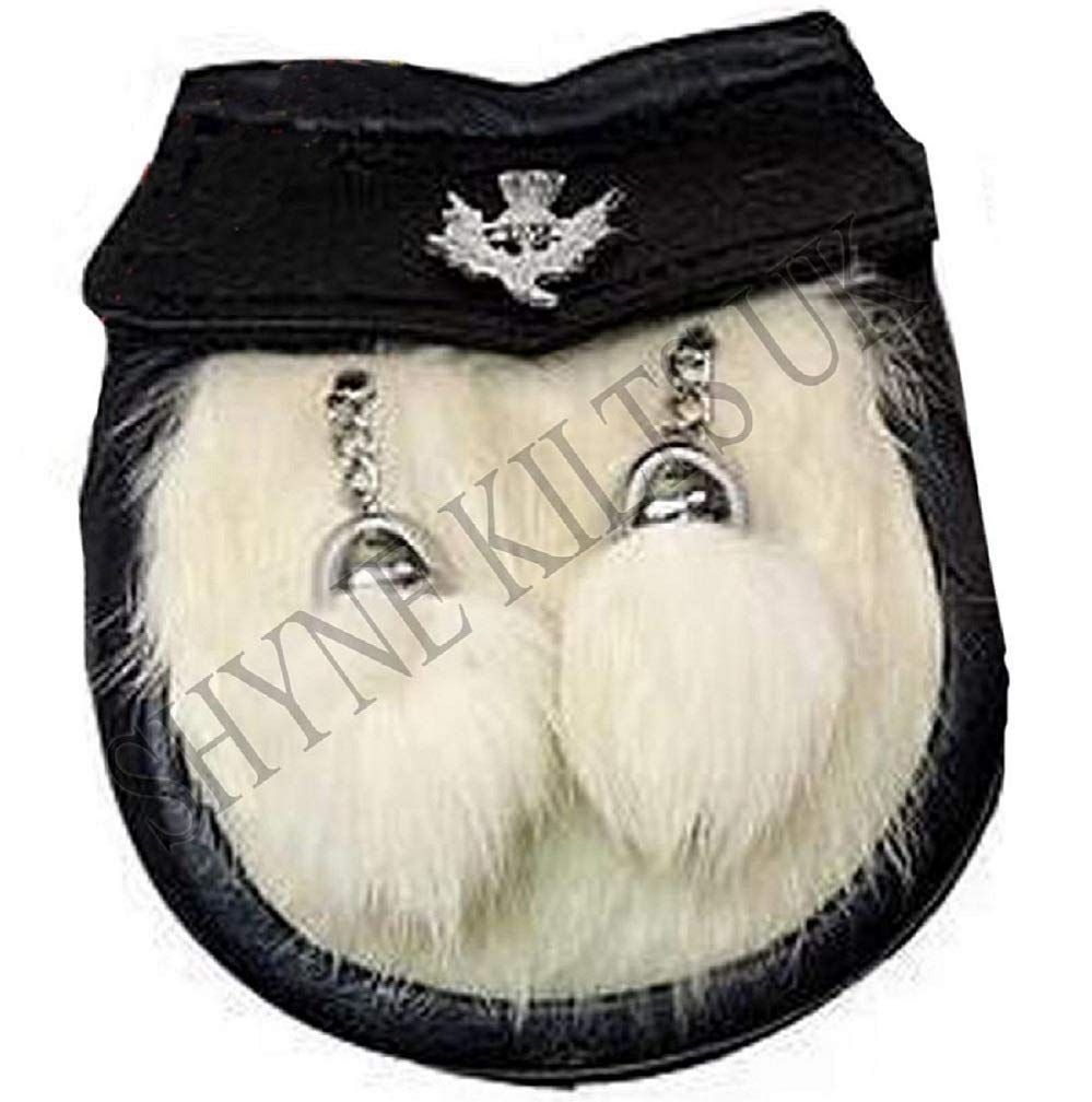 Shyne Kilts U.k Men's White & Blacl Baby Semi Dress White Kilt Sporran With A Thistle Emblem & Chain Belt