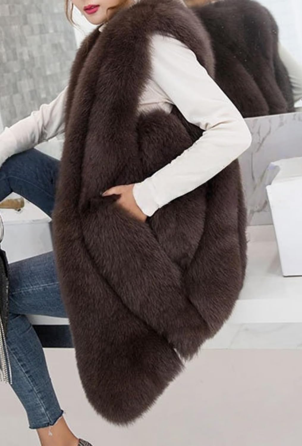 Shaggy Long Faux Fur V Neck Vests,Fluffy Waistcoat Sleeveless Jackets Coats Outwear Tops