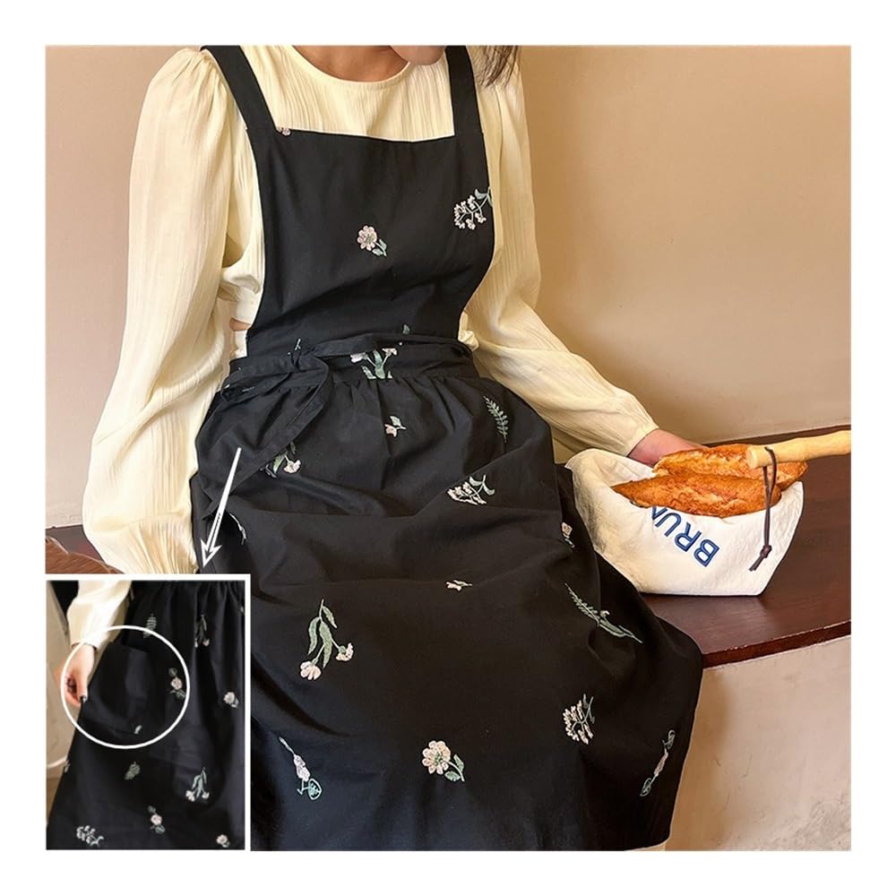 Grembiule in cotone idrorepellente con ricamo per le donne cucina giardino croce indietro lungo pieghettato grembiule cucina lavoro
