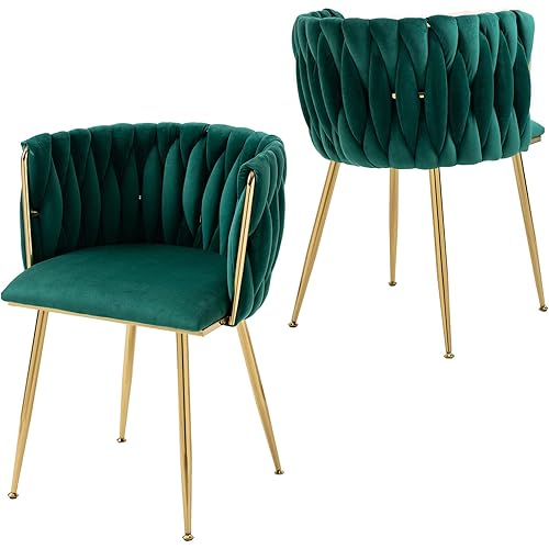 Upholstered Velvet Dining Chairs Set of 2, Modern Living Room Chair with Woven Back and Golden Metal Legs, Mid-Century Accent Side Chair for Dining Room, Living Room, Kitchen, Vanity Room, Emerald