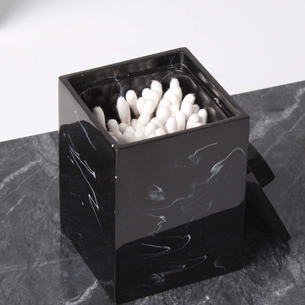 Caja De Hisopos De Algodón De Mármol con Tapa para Hisopos De Algodón De Maquillaje, Tarro De Bastoncillos De Algodón De Maquillaje-Black