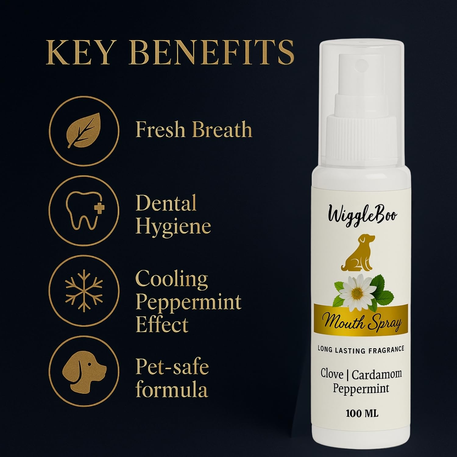 WiggleBoo Dog Mouth Spray | Spearmint & Peppermint Oral Care | Easy Brushless Dental Spray for Dogs & Cats | Reduces Plaque, Tartar & Bad Breath | Supports Gum Health & Daily Hygiene | 100ml 4