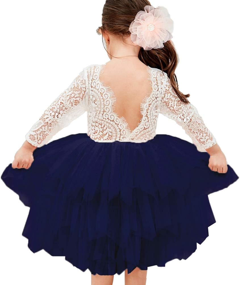 Topmaker Backless A-line Lace Back Flower Girl Dress 3T Sleeve-navy
