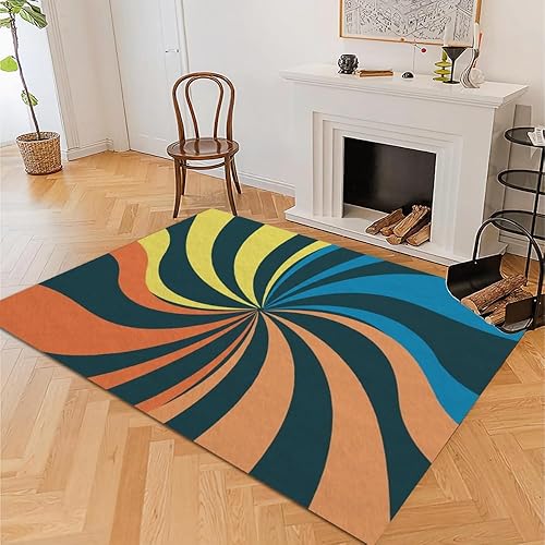 Miniatura 4 de Alfombra retro de color de los años 70 con rotación de ilusión óptica, lavable a máquina, alfombra fina de pelo bajo, ligera, antideslizante, fácil