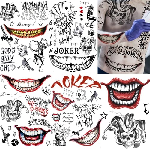 LAROI 5 Sheets 3D Joker Temporary Tattoos For Men Women Men Adults Fake Joker Tattoo Sticker Halloween Makeup Kit Prisoner Prison Inmate Gothic Rave Party Accessories Halloween Face Tattoos Set