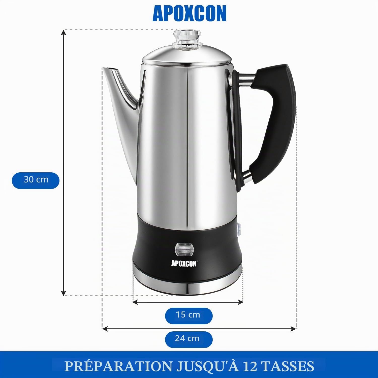 APOXCON Percolateur électrique 12 tasses - Acier inoxydable, bouton en verre et fonction maintien au chaud. Base amovible sans fil