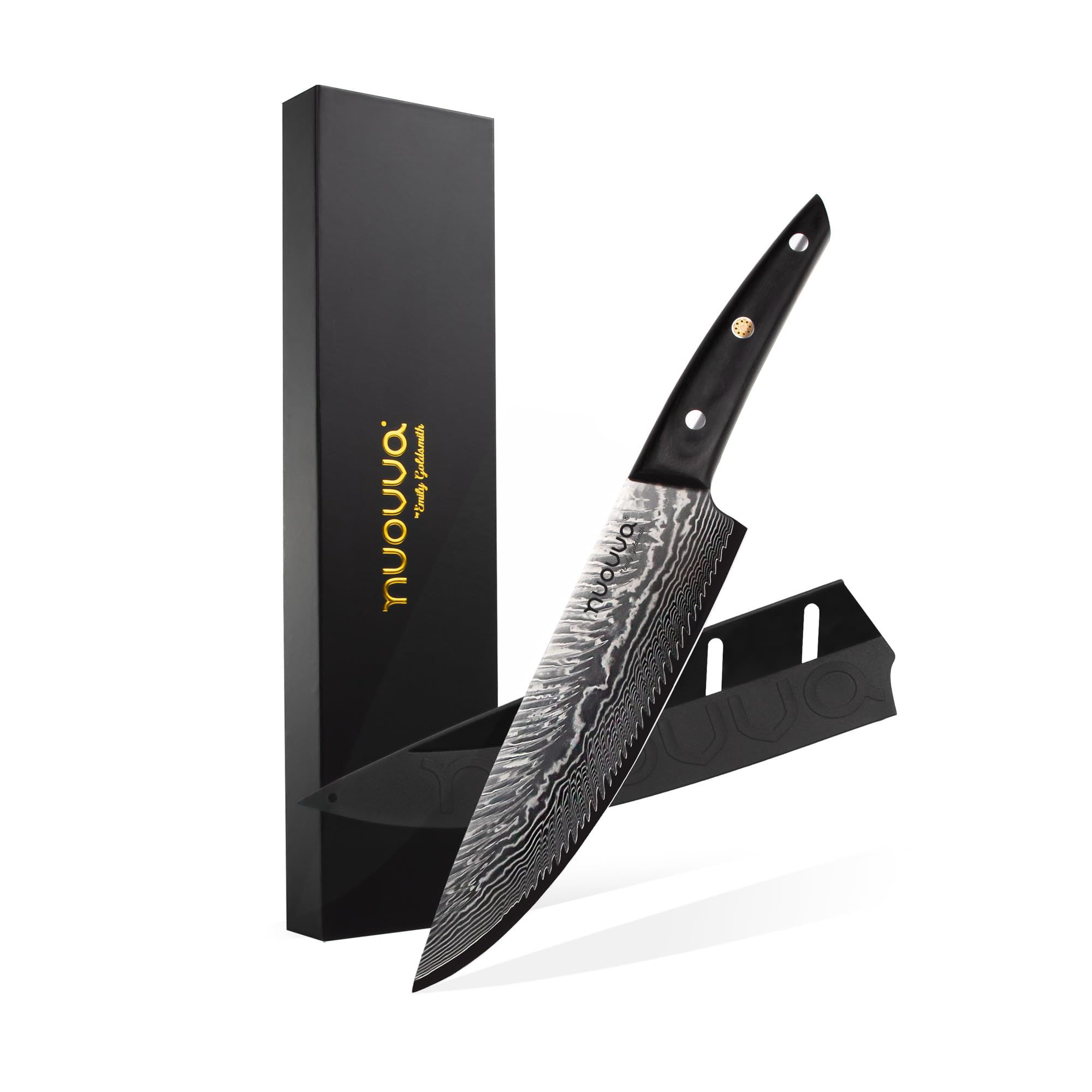 nuovva Ultra-Sharp Chefs Knife – 8 Inch Damascus Japanese Steel Kitchen Knives – 67 Layer Steel with Ergonomic Polished Rosewood Handle – Includes Sheath & Giftbox