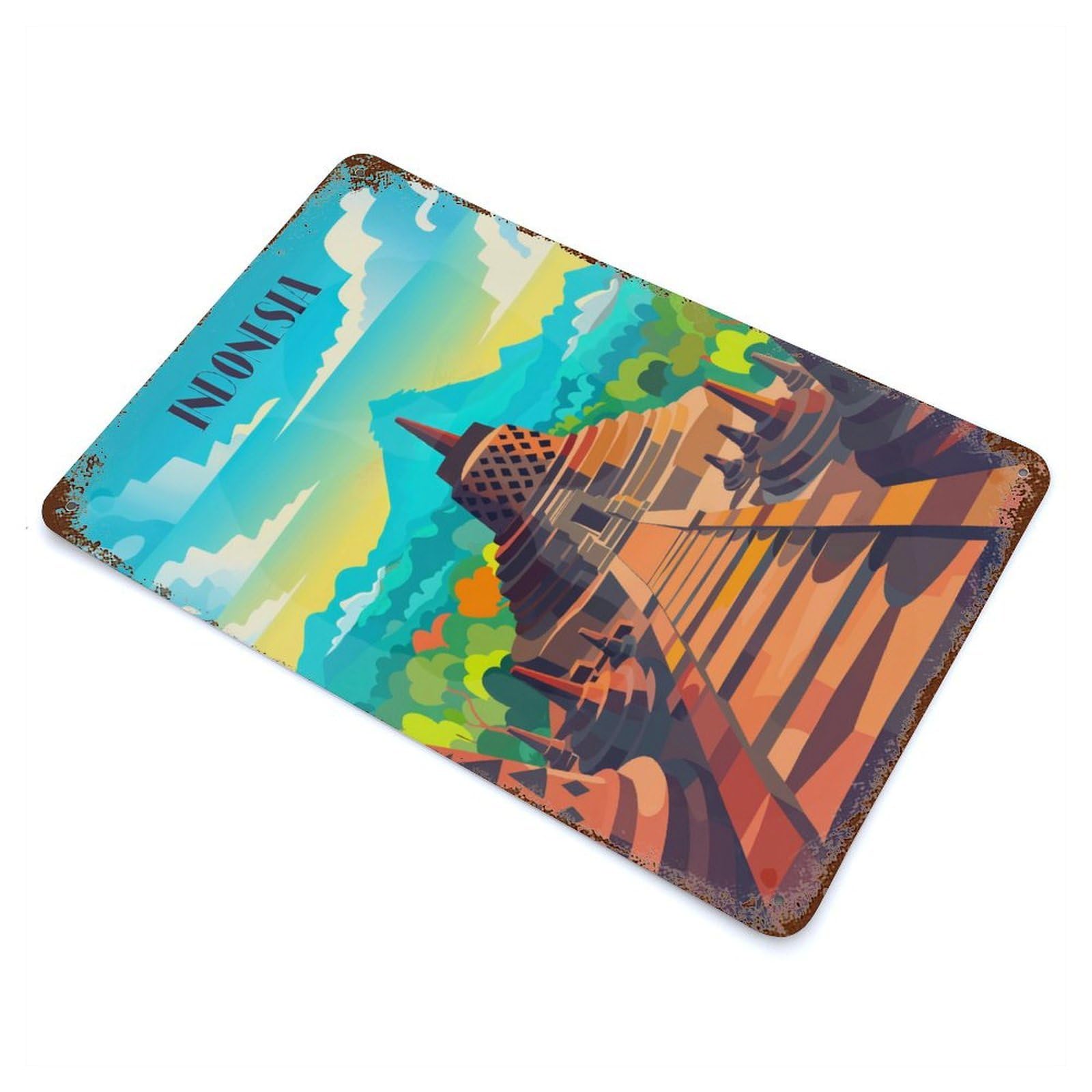 Borobudur Serenity Weathered Tin Sign 11.8"x7.9", Ideal for Shed, Workshop And Garage Wall Decor