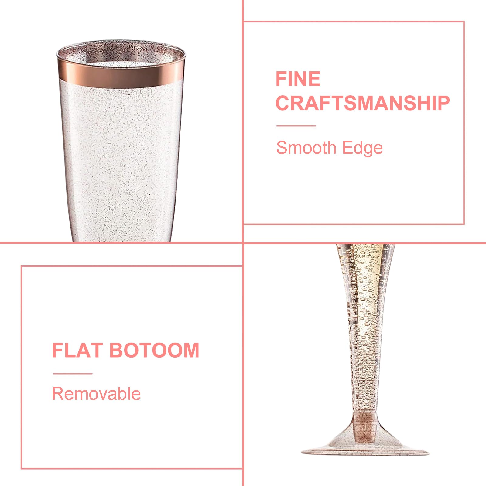 50 Stück Sektgläser Plastik, 150ml Champagner Gläser mit Roségoldrand und Roségoldglitter aus Kunststoff, Sektglas Plastik Mehrweg für Mimosa Bar Hochzeit Party Picknick im Freien