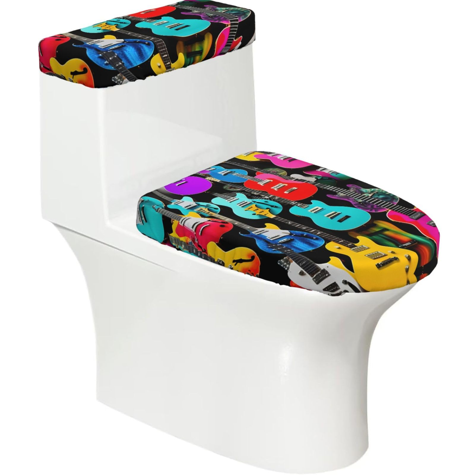 Colorful Guitars Printed Toilet Tank and Lid Cover Set of 2 for Most Bathrooms, Fits Elongated Round Toilets