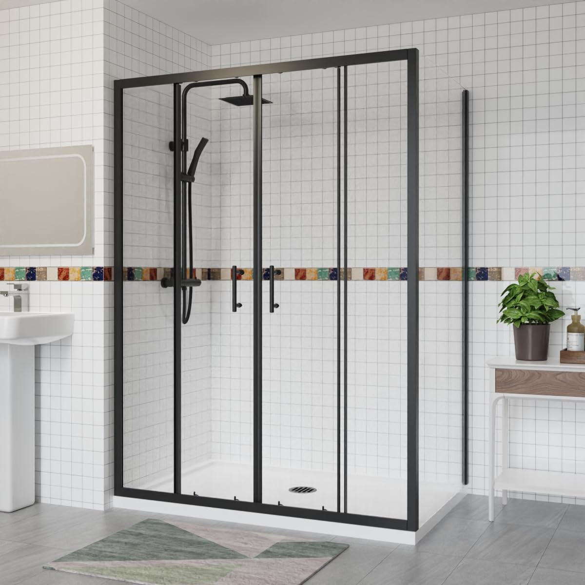 Aquariss 1400x800mm Sliding Shower Enclosure with Side Panel Black