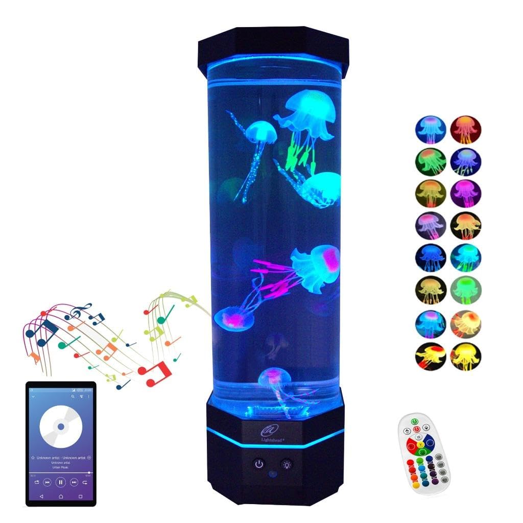 Lightahead LED Sensory Jellyfish Aquarium Lamp with Bluetooth Speaker and Color Changing Light Effects. Majestic and Standing Tall at 16 Inches! Large