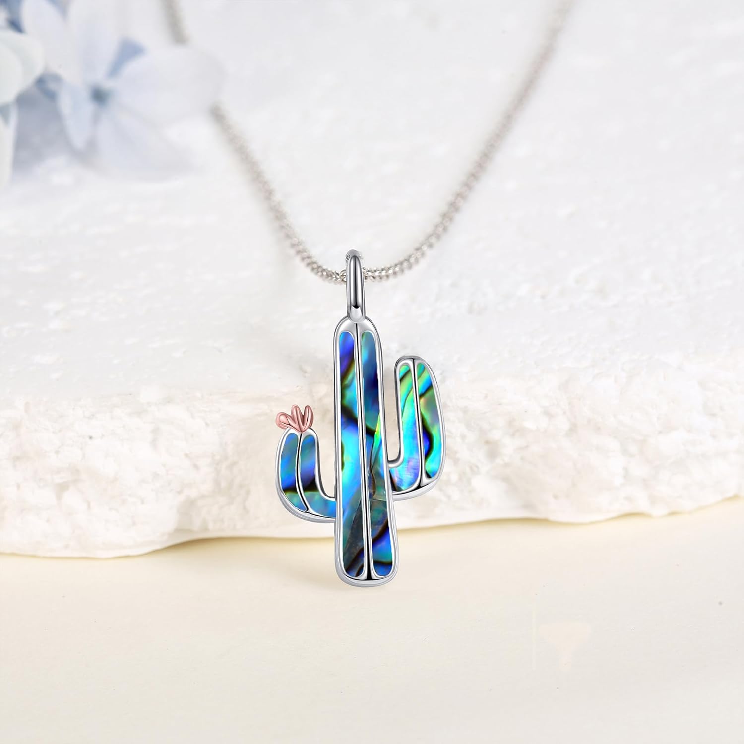 Cactus Necklace 925 Sterling Silver Turquoise/Birthstone/Abalone Shell Pendant Necklace Plant Nature Jewelry Mothers Gifts for Women Mom Grandma Cactus Lover - Image 6