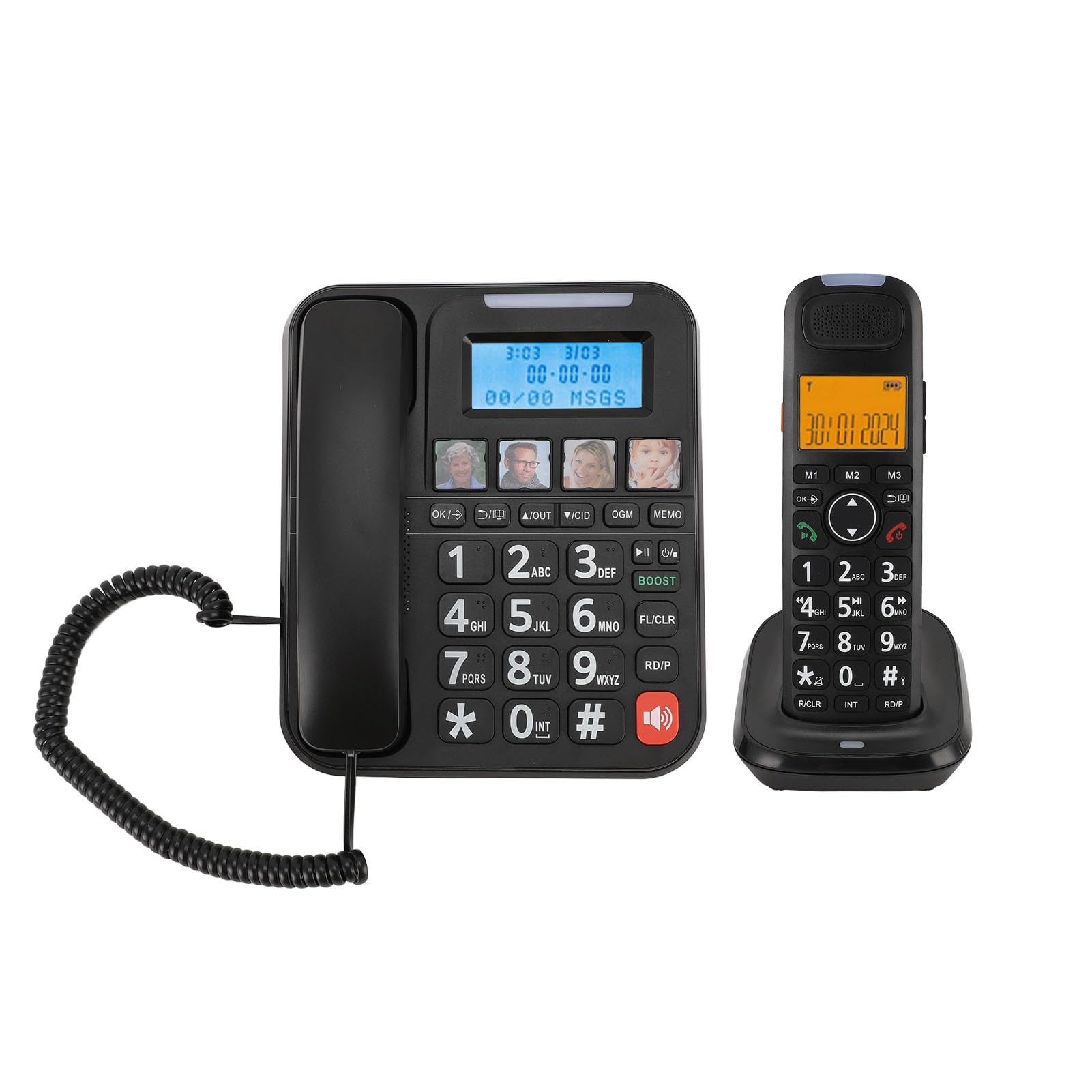 Cordless Phone with Answering Machine, Expandable Landline Phone with Handset for Office Home, Advanced Call Block, Photo Dialing, Bilingual Caller ID, Corded and Cordless Phone