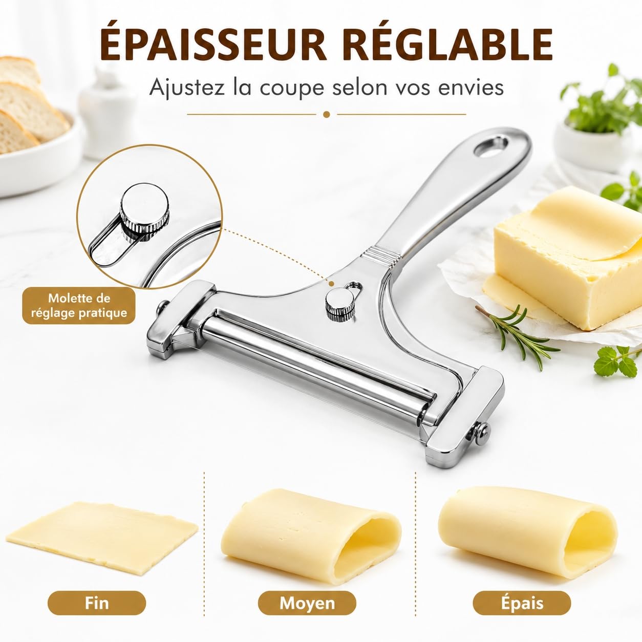 Trancheur à fromage manuel inox 4 fils de rechange réglable coupe-beurre portable argent brillant
