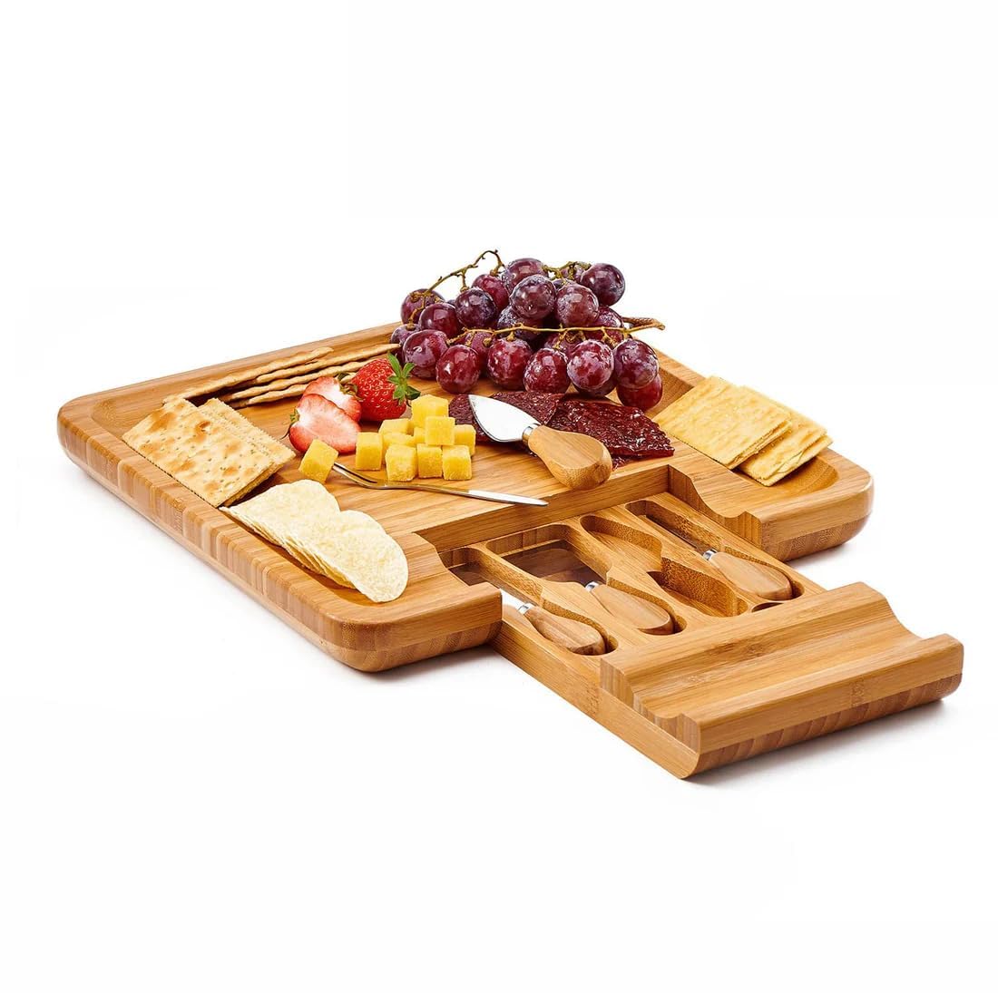 VIPREKHO Cheese Board with Knife Set, Bamboo Charcuterie Platter Serving Tray, Large(13 x 13 x 1.4) with 4 Stainless Steel Knife Folks in Drawer | Pack of 1
