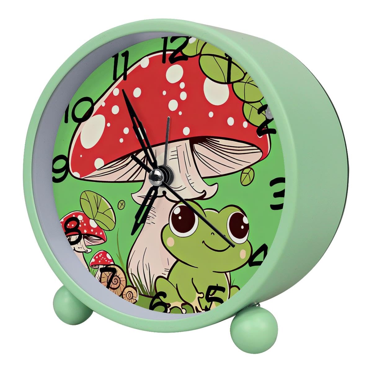 Luoweisi Analog Alarm Clock Mushroom Frog, Silent Non-Ticking with Night Light, Battery Operated, Round Desk Alarm Clock for Office, Bedroom, Elderly, Adults, Children, Student Gifts