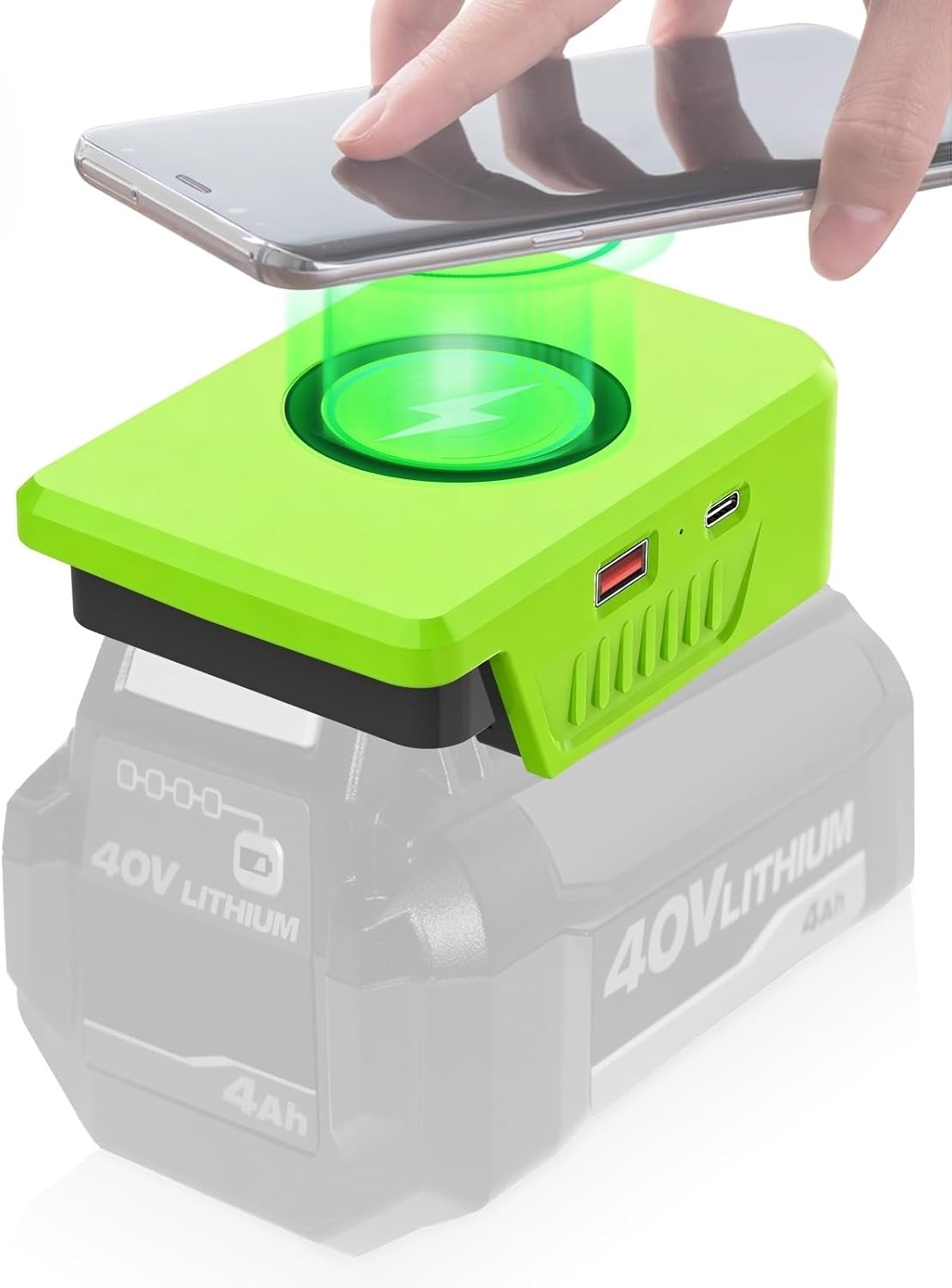 Wireless Charger Adapter for Ryobi 40V Battery OP4030 OP40401, 15W Max Wireless Charging with USB & Type C Ports, Tool Battery to Phone Charger for Camping Workshop