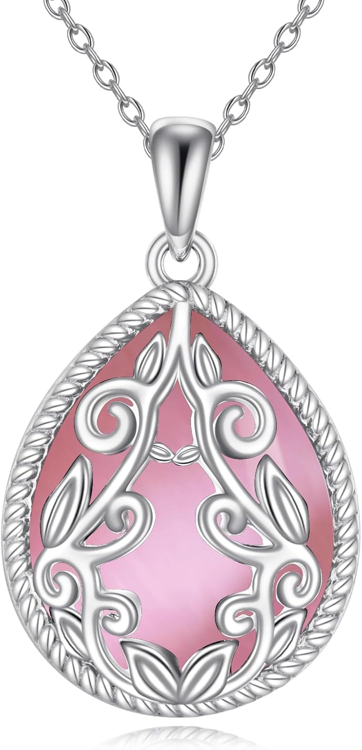 YAFEINI Filigree Teardrop Necklace 925 Sterling Silver Moonstone/Lapis Lazuli/Larimar/Pink Opal Pendant Necklace Jewelry Birthday Gifts for Women Grandmother