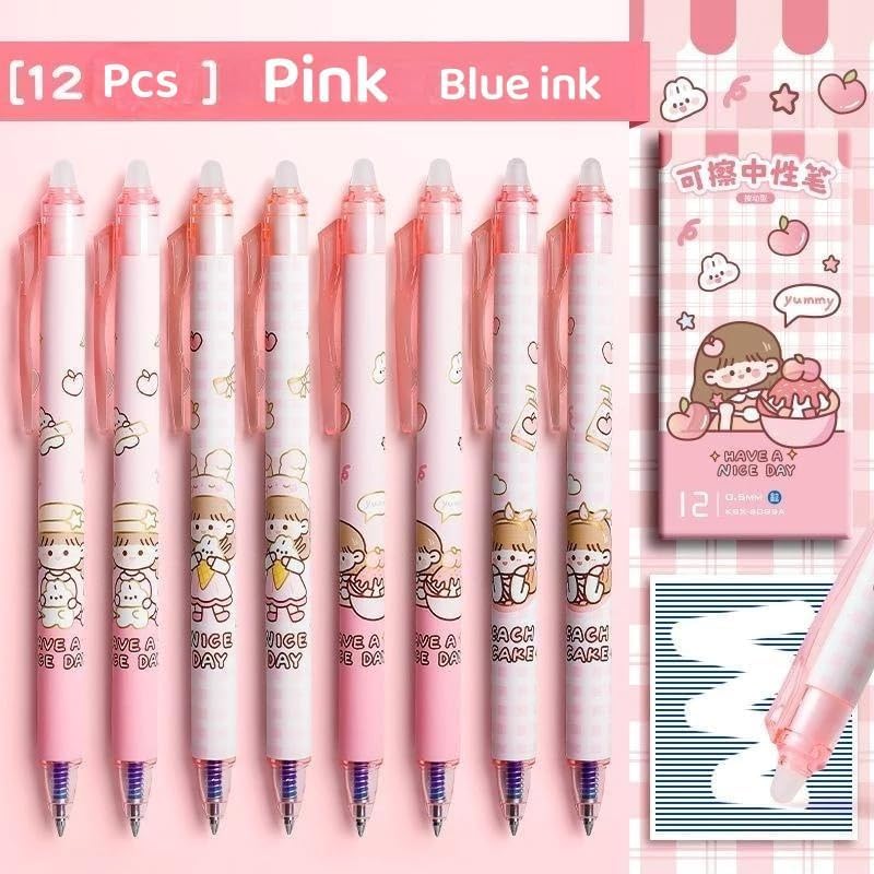 Image of 12Pcs Retractable Erasable Gel Pens, 0.5 mm Fine Point Smooth Writing Eraser Pen, Quick Drying Blue Ink for Office School Note Taking Birthday Return Gifts for Kids (Pink)