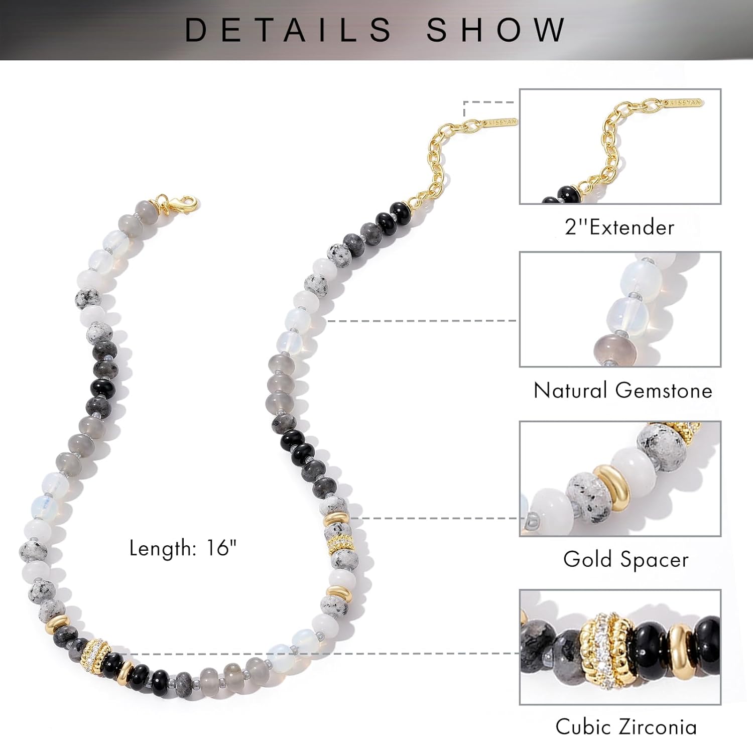 KissYan Beaded Necklaces for Women, Adjustable Natural Gemstone Choker with 14K Gold Plated Cubic Zirconia Beads Handmade Jewelry Gift - Image 7