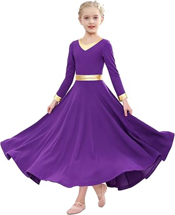 Girls Parise Dance Dress Long Sleeve Loose Fit Liturgical Worship Costume Metallic Gold Church Robe