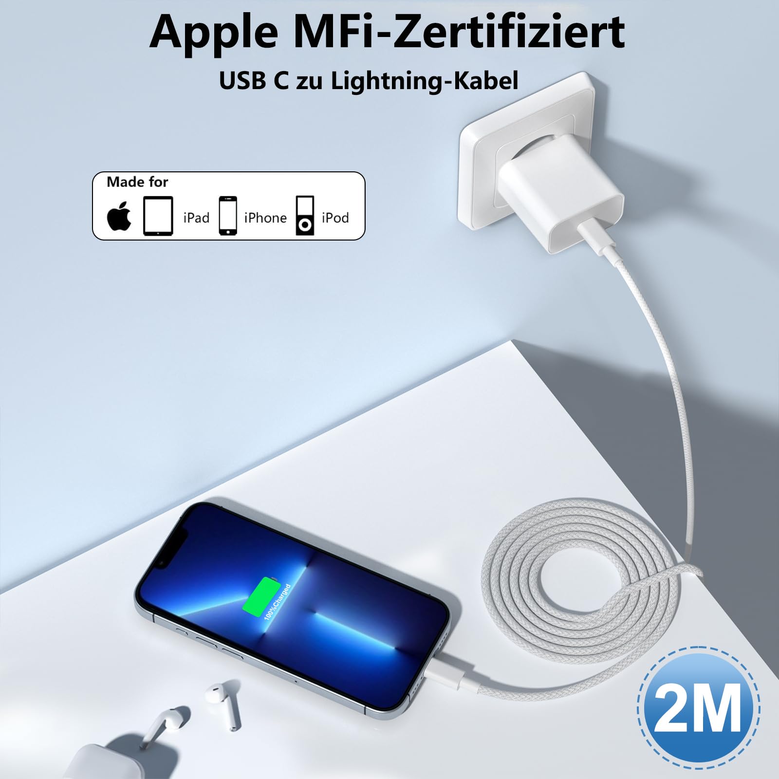 Kabel do ładowania iPhone'a, kabel Lightning z certyfikatem MFi 25 W, do iPhone'a 14, 13, 12, 11, Pro, MAX Plus, mini, XS, XR, X, 8, 7, iPada, adapter USB C, szybka ładowarka z 2 kablami do szybkiego