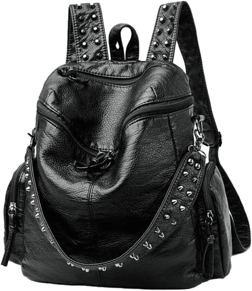 Hycurey Womens Stylish Rivet Backpack Washed Multi Pocket Knotted Zipper Soft Leather Bag Trendy Travel Daypack Satchel Purse